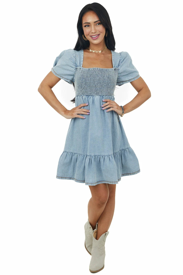 Umgee Light Wash Denim Smocked Puff Sleeve Mini Dress 5 Umgee Light Wash Denim Smocked Puff Sleeve Mini Dress