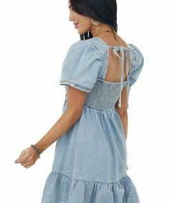 Umgee Light Wash Denim Smocked Puff Sleeve Mini Dress 11 Umgee Light Wash Denim Smocked Puff Sleeve Mini Dress