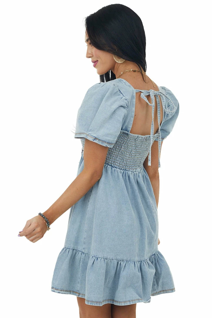 Umgee Light Wash Denim Smocked Puff Sleeve Mini Dress 6 Umgee Light Wash Denim Smocked Puff Sleeve Mini Dress