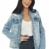 KanCan Outerwear Light Wash Distressed Denim Button Up Jacket
