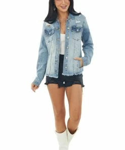 KanCan Outerwear Light Wash Distressed Denim Button Up Jacket