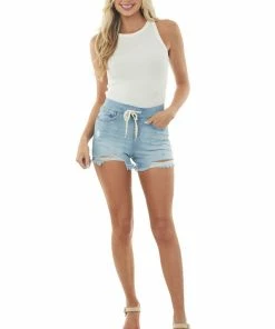 4 What Its Worth Light Wash Drawstring Waist Denim Boyfriend Shorts