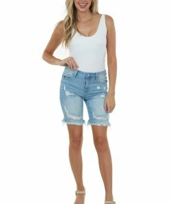 Cello Jeans Light Wash Frayed Hem Bermuda Denim Shorts Bottoms