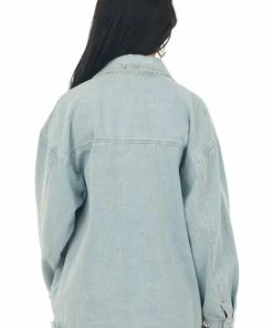 Entro Light Wash Frayed Hem Long Sleeve Denim Jacket Outerwear