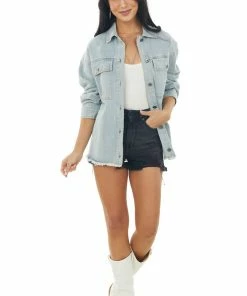 Entro Light Wash Frayed Hem Long Sleeve Denim Jacket Outerwear
