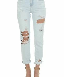 I&M Light Wash High Rise Distressed Boyfriend Jeans