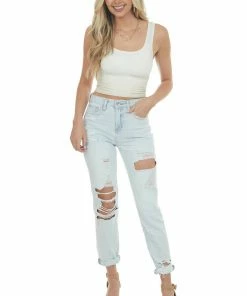 I&M Light Wash High Rise Distressed Boyfriend Jeans
