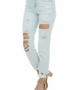 I&M Light Wash High Rise Distressed Boyfriend Jeans