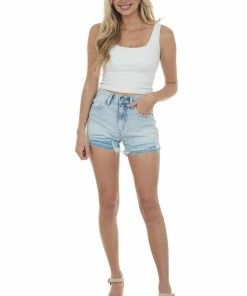 KanCan Light Wash High Rise Distressed Hem Denim Shorts