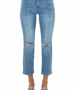 KanCan Bottoms Light Wash High Rise Distressed Knee Straight Jeans