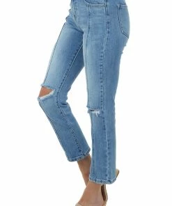 KanCan Bottoms Light Wash High Rise Distressed Knee Straight Jeans