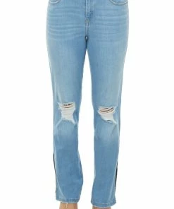 4 What Its Worth Light Wash High Rise Distressed Split Hem Jeans
