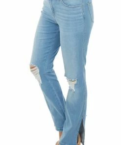 4 What Its Worth Light Wash High Rise Distressed Split Hem Jeans
