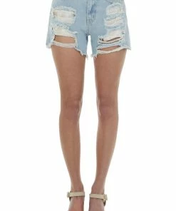 143 Story Light Wash Jean Shorts With Floral Pocket Detail Bottoms