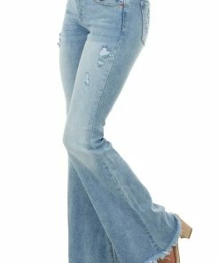 Cello Jeans Light Wash Mid Rise Frayed Denim Flare Jeans Bottoms