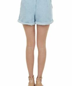 Style Melody Bottoms Light Wash Paper Bag Elastic Waist Denim Shorts