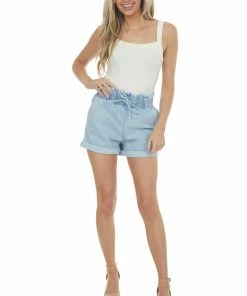 Style Melody Bottoms Light Wash Paper Bag Elastic Waist Denim Shorts