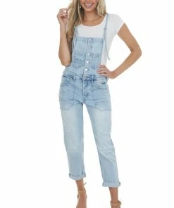 KanCan Light Wash Spaghetti Strap Button Up Overalls