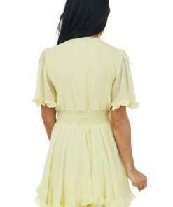 She + Sky Dresses Light Yellow Ruffle Trim Front Tie Smocked Dress
