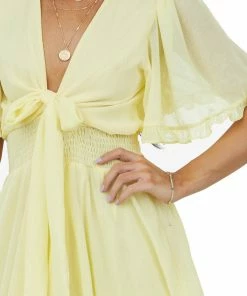 She + Sky Dresses Light Yellow Ruffle Trim Front Tie Smocked Dress