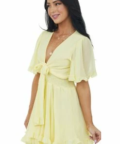 She + Sky Dresses Light Yellow Ruffle Trim Front Tie Smocked Dress