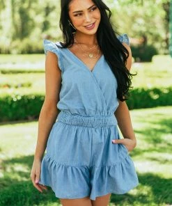 Very J Dresses Light Chambray Surplice Smocked Waist Romper
