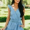 Very J Dresses Light Chambray Surplice Smocked Waist Romper