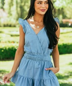 Very J Dresses Light Chambray Surplice Smocked Waist Romper
