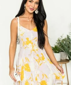 Lush Clothing Light Iris Floral Waist Tie V Neck Mini Dress Dresses