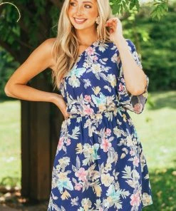 Cotton Bleu Light Navy Floral Print One Shoulder Short Dress
