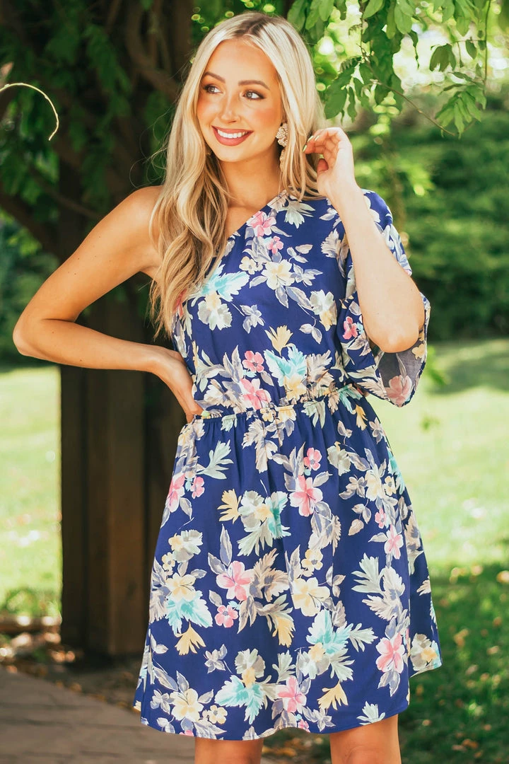 Cotton Bleu Light Navy Floral Print One Shoulder Short Dress 3 Cotton Bleu Light Navy Floral Print One Shoulder Short Dress