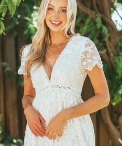 Aakaa Dresses Light Peach And Ivory Lace Plunging V Neck Maxi Dress