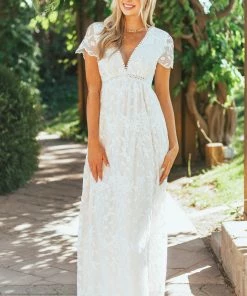 Aakaa Dresses Light Peach And Ivory Lace Plunging V Neck Maxi Dress