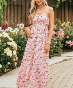 Lush Clothing Dresses Light Raspberry Floral Print Strapless Maxi Dress