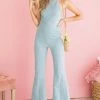 Flying Tomato Light Wash Halter Neck Flare Leg Denim Jumpsuit Dresses