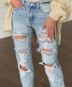 American Fit Light High Rise Distressed Boyfriend Jeans