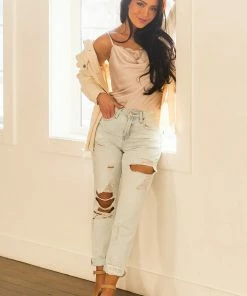 I&M Light Wash High Rise Distressed Boyfriend Jeans