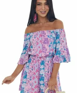 Andree Lilac Floral Print Off Shoulder Woven Romper