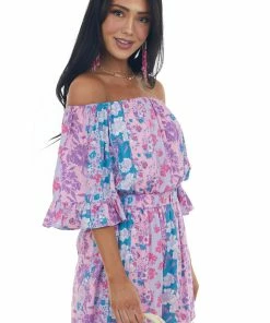 Andree Lilac Floral Print Off Shoulder Woven Romper