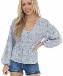 Lime Lush Lilac Floral Smocked Waist V Neckline Top