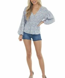 Lime Lush Lilac Floral Smocked Waist V Neckline Top