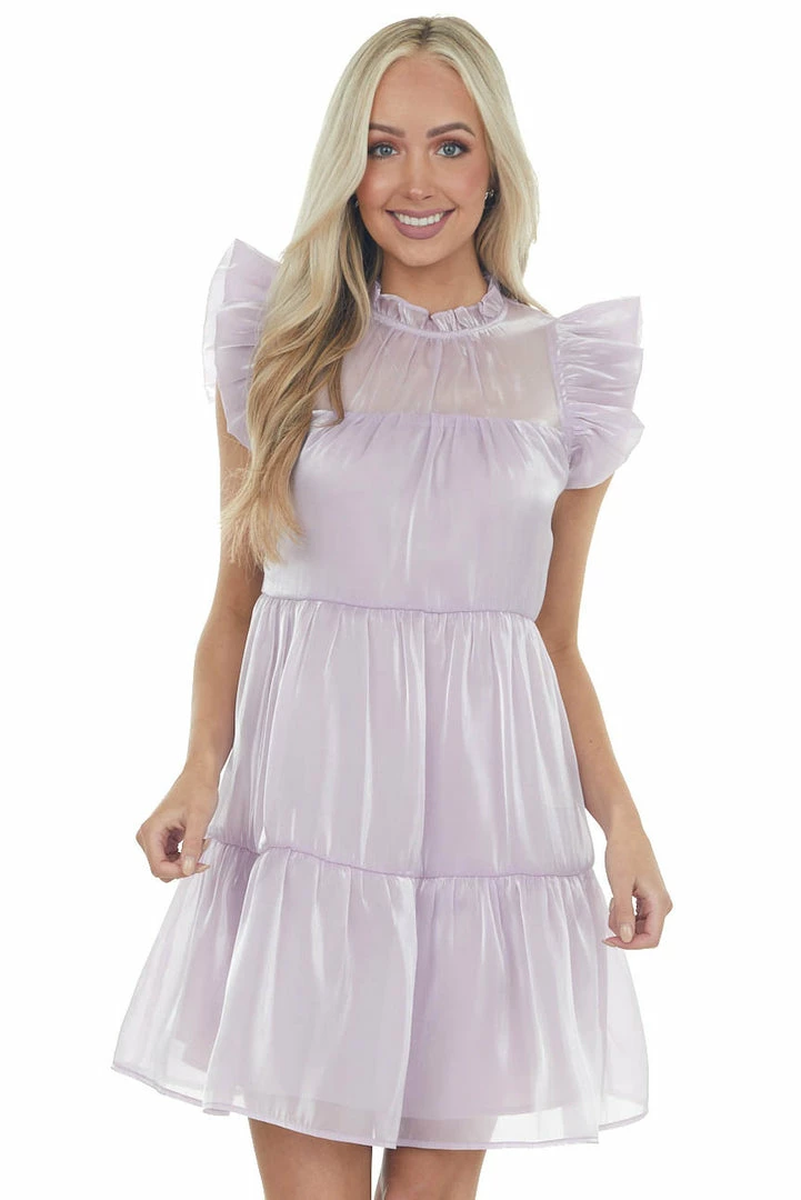 Entro Lilac Glossy Short Dress With Flutter Sleeves 5 Entro Lilac Glossy Short Dress With Flutter Sleeves