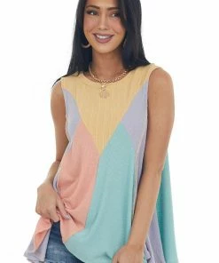 SugarFox Lilac Multicolor Colorblock Waffle Knit Tank Top