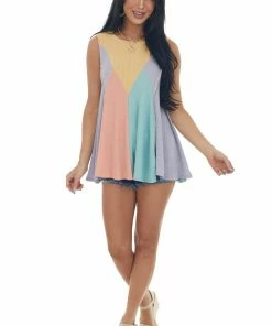 SugarFox Lilac Multicolor Colorblock Waffle Knit Tank Top 9 SugarFox Lilac Multicolor Colorblock Waffle Knit Tank Top