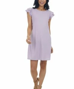 Ces Femme Lilac Ruffle Sleeve Ribbed Knit Shift Dress