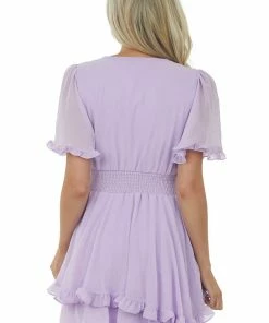 She + Sky Lilac Ruffle Trim Front Tie Smocked Dress