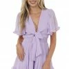 She + Sky Lilac Ruffle Trim Front Tie Smocked Dress
