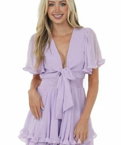 She + Sky Lilac Ruffle Trim Front Tie Smocked Dress