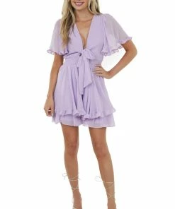 She + Sky Lilac Ruffle Trim Front Tie Smocked Dress