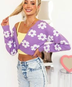 Miss Sparkling Tops Lilac Daisy Button Front Cropped Knit Cardigan
